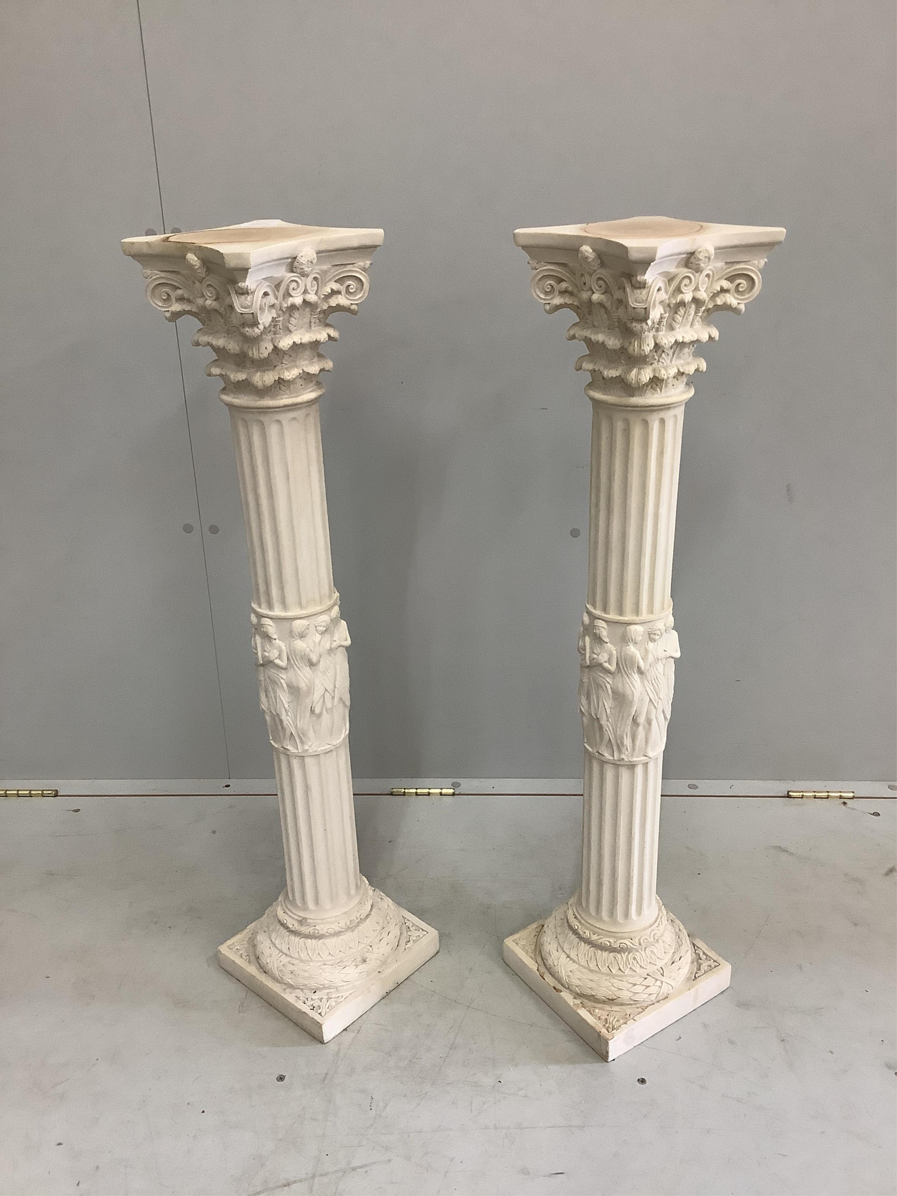 A pair of composition faux marble Corinthian column pedestals, height 96cm